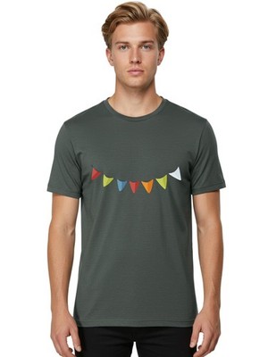Colorful-Triangular-Bunting Mens Graphic Tee, 100% Cotton, Casual Summer Wear