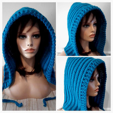 crochet handmade womans oversized hat hood pixie scoodie blue wave new