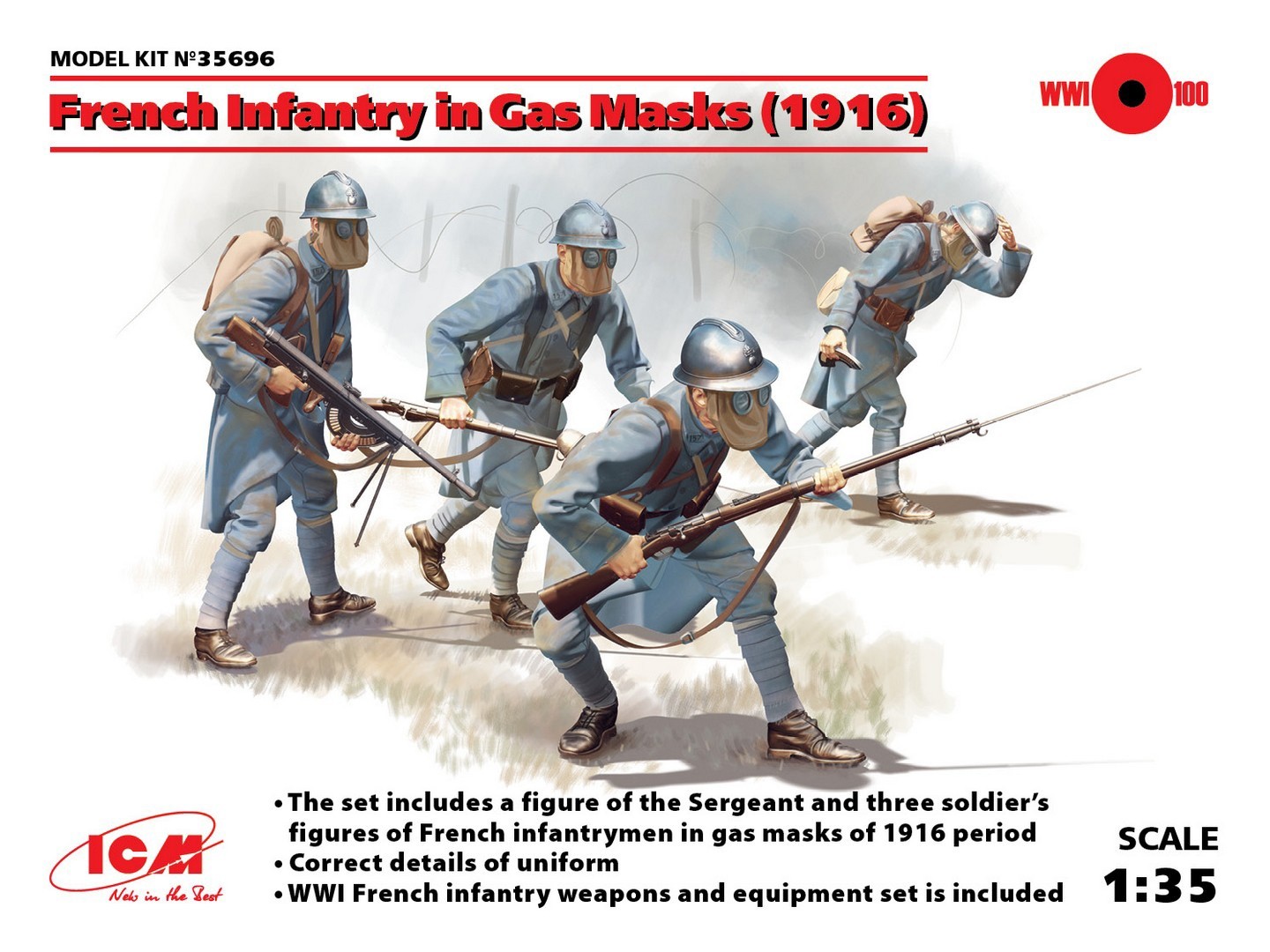 ICM 1/35 WW1 French Infantry in Gas Masks (1918) (4 figures)