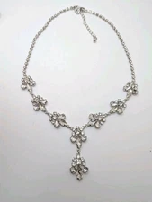 Charming Charlie Marked CC Silver Tone statement Necklace Rhinestone flowers 19"