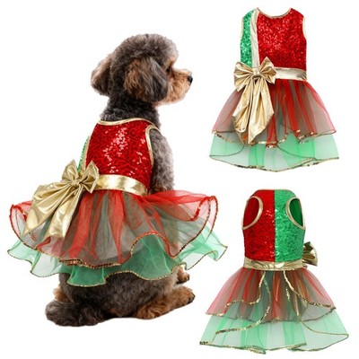 Dog Cat Christmas Costume Comfortable Pet Dress Shiny Xmas Gown Fancy Sequin