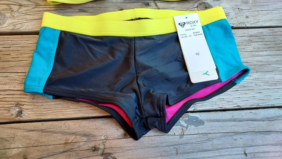 Traje de baño Roxy para jóvenes niñas niños talla 10 de dos piezas color negro rosa a rayas aguamarinas Foto 2 de 4
