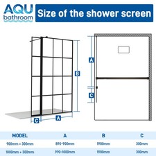 AQU Black Grid Shower Screen Fixed 700-1000mm Wide Wet Room Panel 8mm Glass