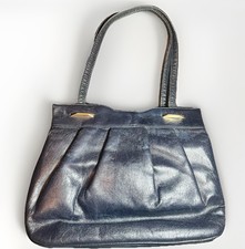 Vintage Navy Blue Leather Structured Handbag Gold Frame Clasp
