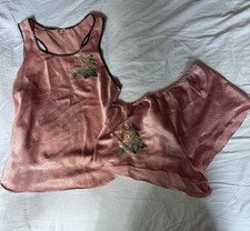 Rare 90  s Vintage Christian Dior Pink Satin Embroidered 2pc Lingerie Pajama Set