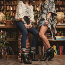 Women 2PCS Silver Metal Boot Chain Bracelet Shoe Anklets Concho Turquoise Charm