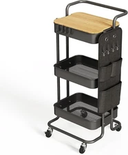 3 Tier Metal Utility Rolling Cart w/ Table Top Side Bags Tray Storage Organizer