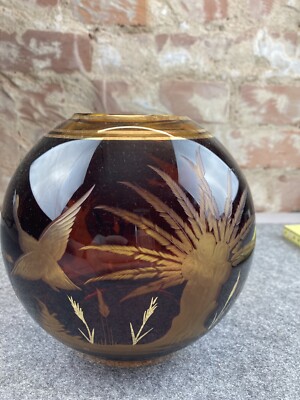 Wunderbare Vase, Amber Und Gold, Schwäne, Handgeschliffen, Böhmen