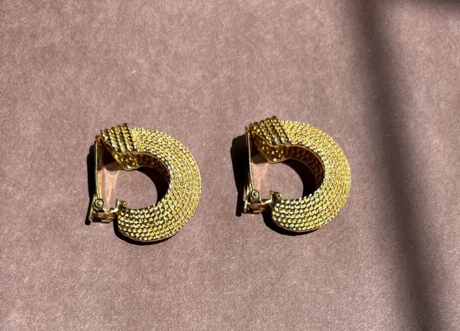 Bright Gold Tone Textured Semi Hoop Clip On Earrings