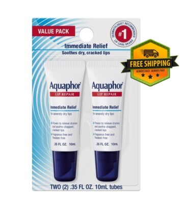 Aquaphor Lip Repair Ointment for Dry, Chapped Lips, 0.35 oz, Pack of 2 Tubes