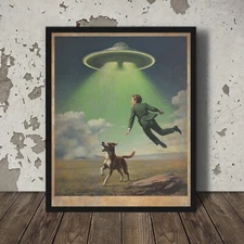 Vintage ALIEN ABDUCTION Dog Wall Art, Sci-Fi UFO Pet Poster, UAP Cryptid Decor