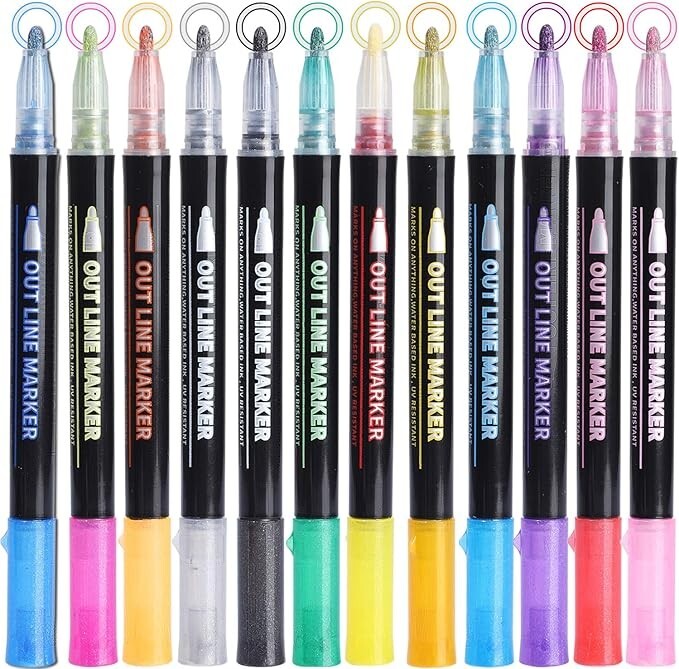 12 Pcs Doodle Dazzles Shimmer Marker Set Double Line Outline
