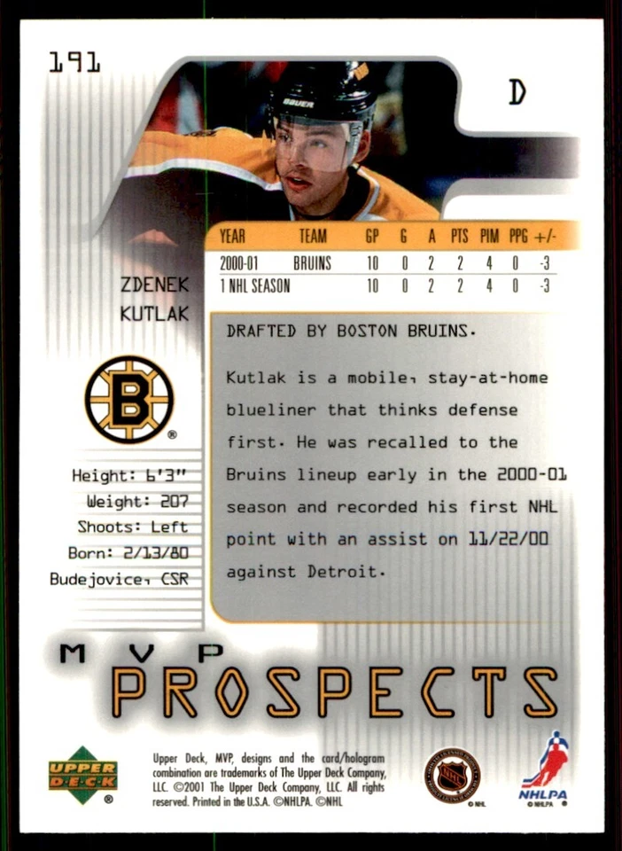 2001-02 Upper Deck MVP Zdenek Kutlak RC Boston Bruins #191 - Image 2 of 2