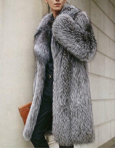 Mens Warm Faux Fox Fur Coat Long Jacket 