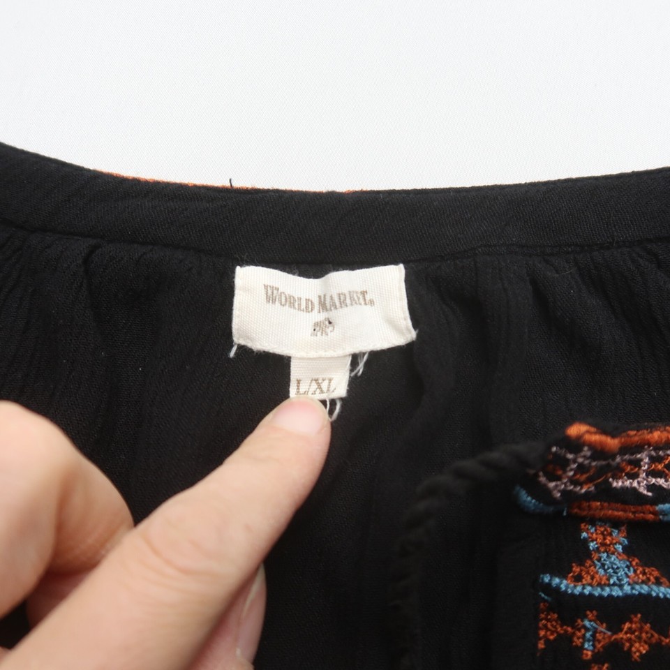 World Market Boho Peasant Blouse Size Large / XL Black Embroidered Top