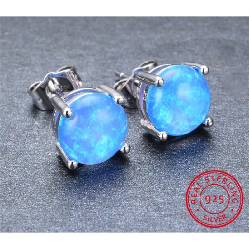 Women 925 Silver Stud Earrings Round Cut White Fire Opal Wedding Jewelry Opals-3