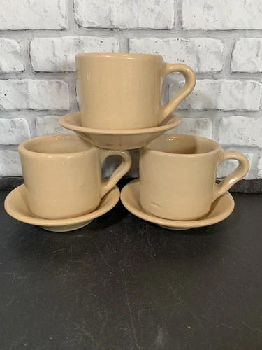 3 Tepco Restaurant Ware Stackable Coffee Tea Cups Saucers Mugs Beige Tan 6oz