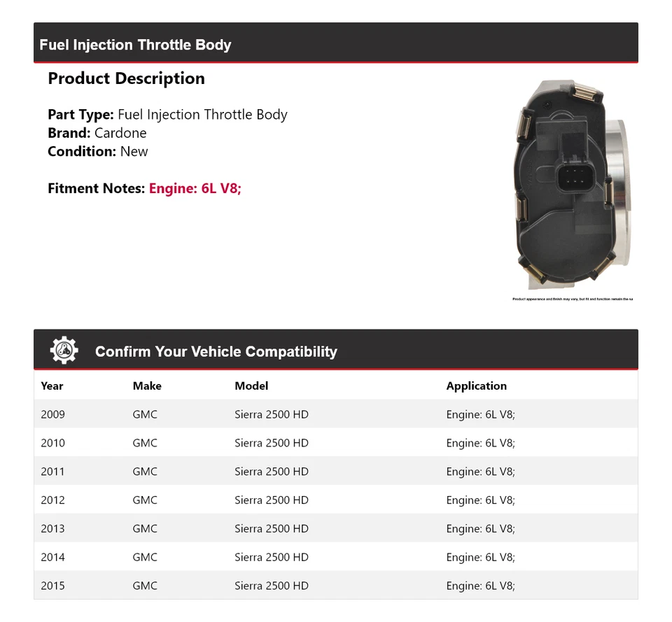 Carrocería de acelerador de inyección de combustible Cardone 2010 para GMC Sierra 2500 HD 6L V8 2009-2015 Foto 2 de 4