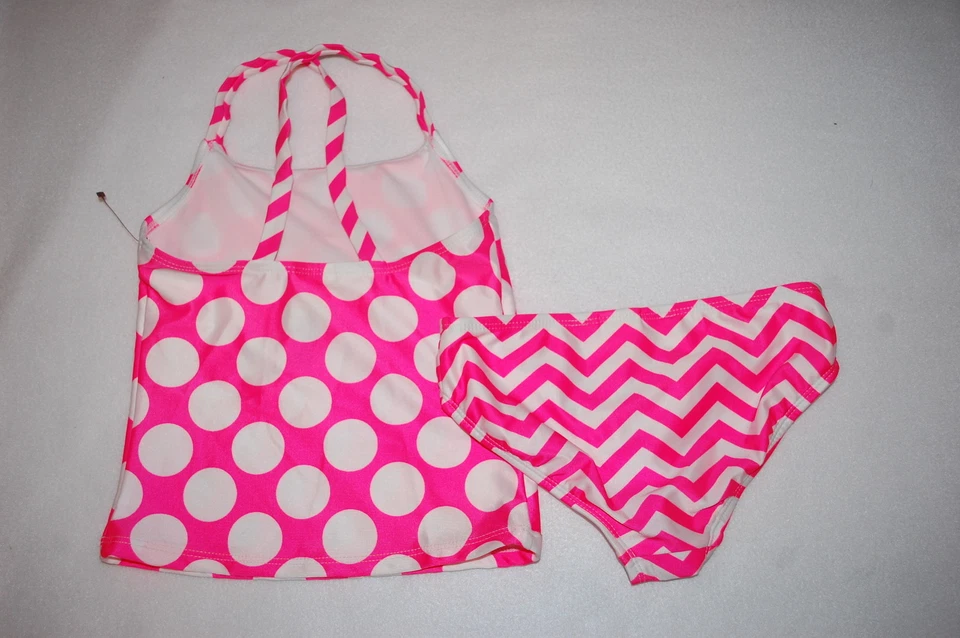 Девочек купальник 2 ПК танкини комплект горошек ярко розовый и белый шеврон печати XS 4-5 - Изображение 2 из 2