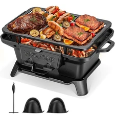 Cast Iron Charcoal Grill w/ Double-Sided Grate Portable Outdoor BBQ Grill Stove