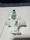 Fenton Art Glass Hand Painted White Mini Basket w Purple Floral Green Handle 5"