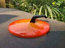 Vintge 6 1/2" Scandinavian Orange Flame Porcelain Enamel Bakelite SAUCE PAN LID