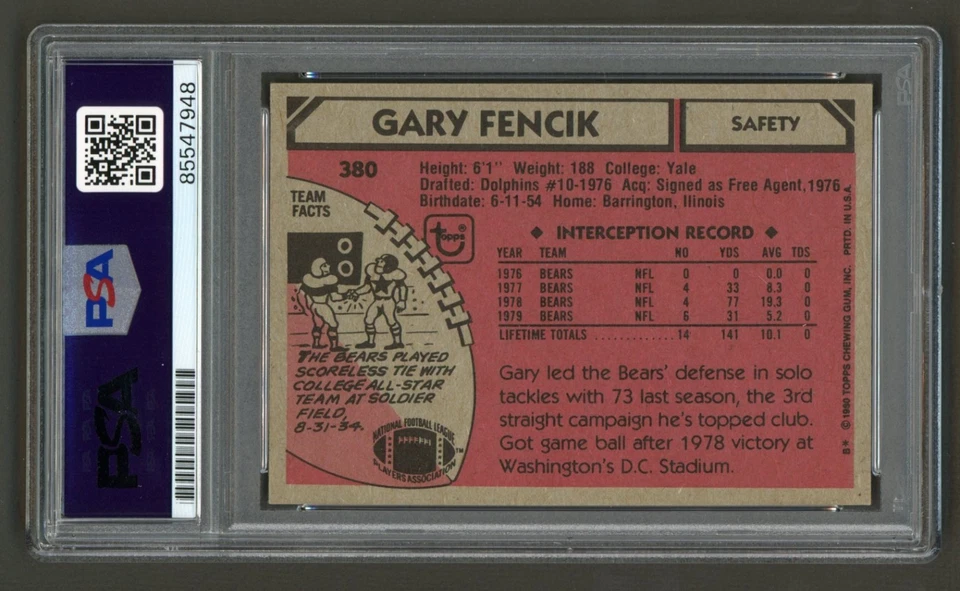 Gary Fencik Signed 1980 Topps Card #380 (PSA) Inscribed "SB XX" Chicago Bears - Image 2 of 2