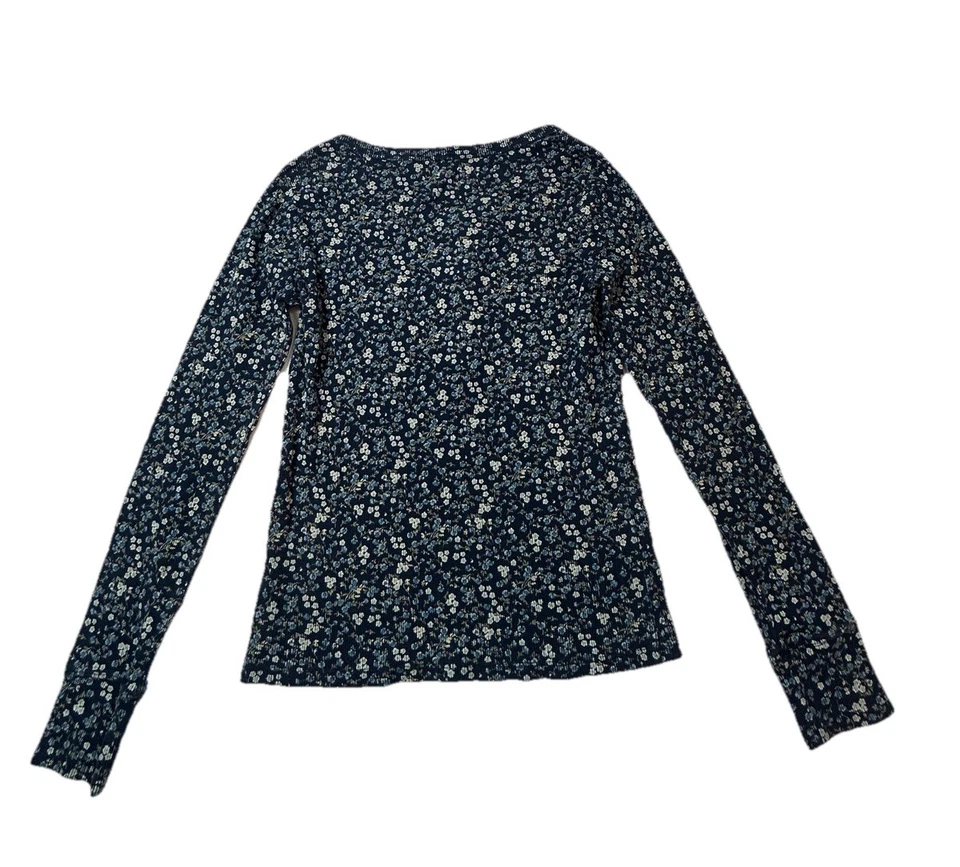 Lucky Brand Floral Waffle Knit Henley Top Womens Medium Blue Long Sleeve Boho - Image 2 of 4