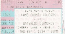 Ticket Stub: Kane County Cougars vs Waterloo Diamonds - September 1, 1994
