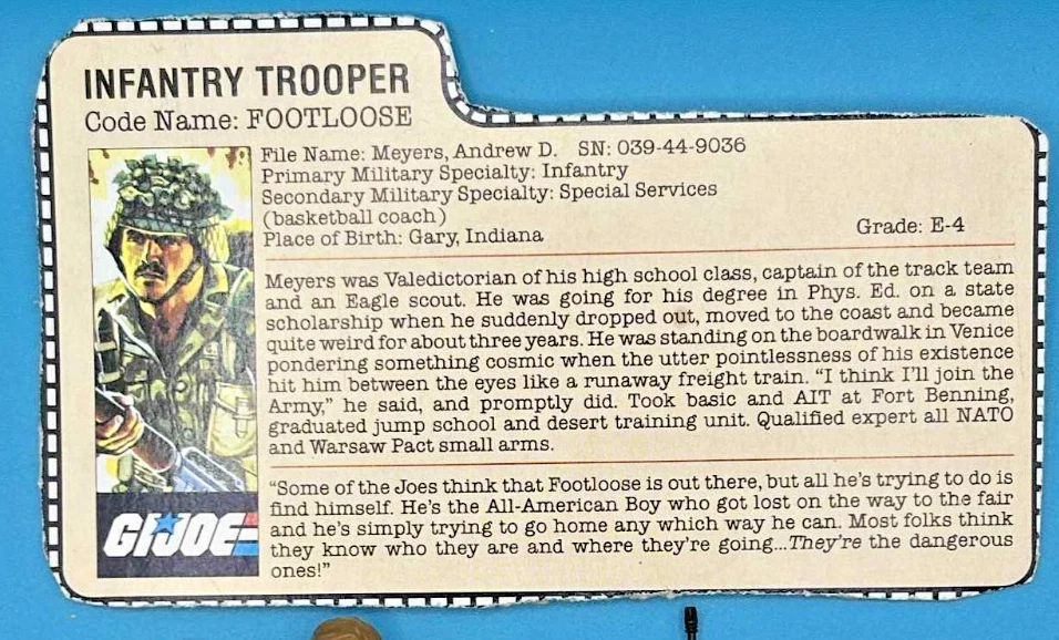 Figura de acción Footloose v1 1985 100 % completa de colección GI Joe ARAH con tarjeta de archivo Foto 4 de 4