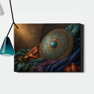 Turquoise Round Shield Wall Art Boho Ornate Still Life Decor
