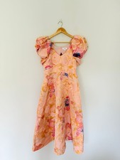 Coast Dress Size 12 Pink Floral Puff Sleeve Midi V Neck Wedding Guest Party