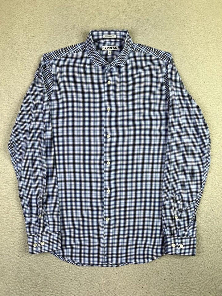 Camisa Express Para Hombre Grande Azul A Cuadros Calce Extra Ajustado Informal Vestido Con Botones Foto 2 de 4