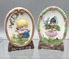 Vintage Jasco Special Moments Little Boy Building & Girl flowers Plaque Set of 2