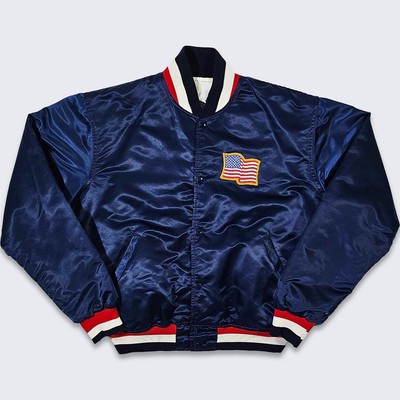 USA Vintage 80s Navy Satin Bomber Jacket Bomber Varsity Football Jacket