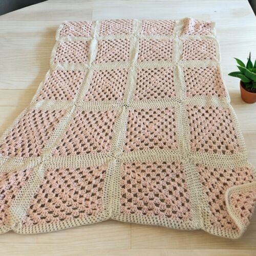 Pink & White Handmade Crochet Afghan Crib Baby Blanket Cottage Squares-