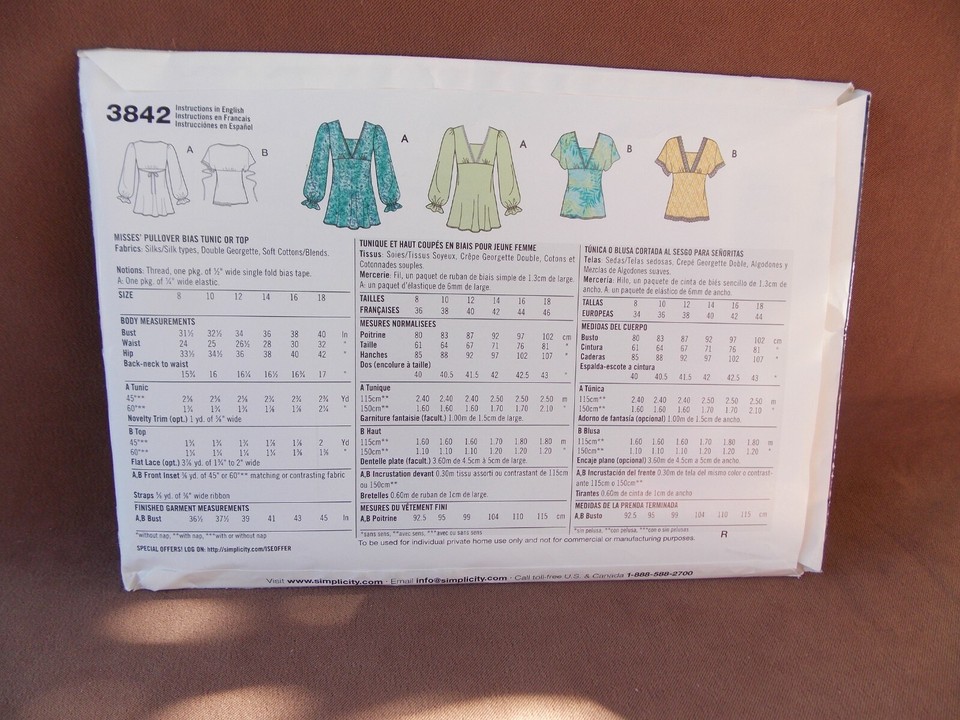 Simplicity Misses Tunic or Top Sizes 8-18 Uncut Pattern 3842 | eBay