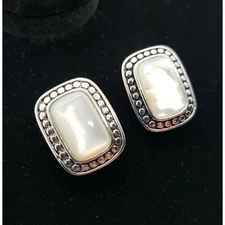 Premier Design Jewelry Oval Silver Vtg Tone Mother Of Pearl Earrings Clip Pierce