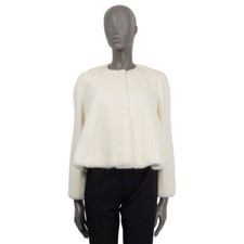 63957 auth CHRISTIAN DIOR ivory white FUR COLLARLESS CROPPED Jacket 38 S