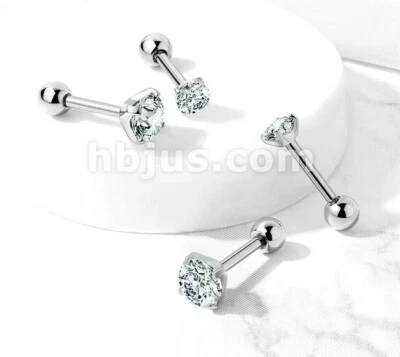 PAIR 16G 1/4" Prong Set CZ Steel Tragus Stud Earring Helix Ear Cartilage Ring