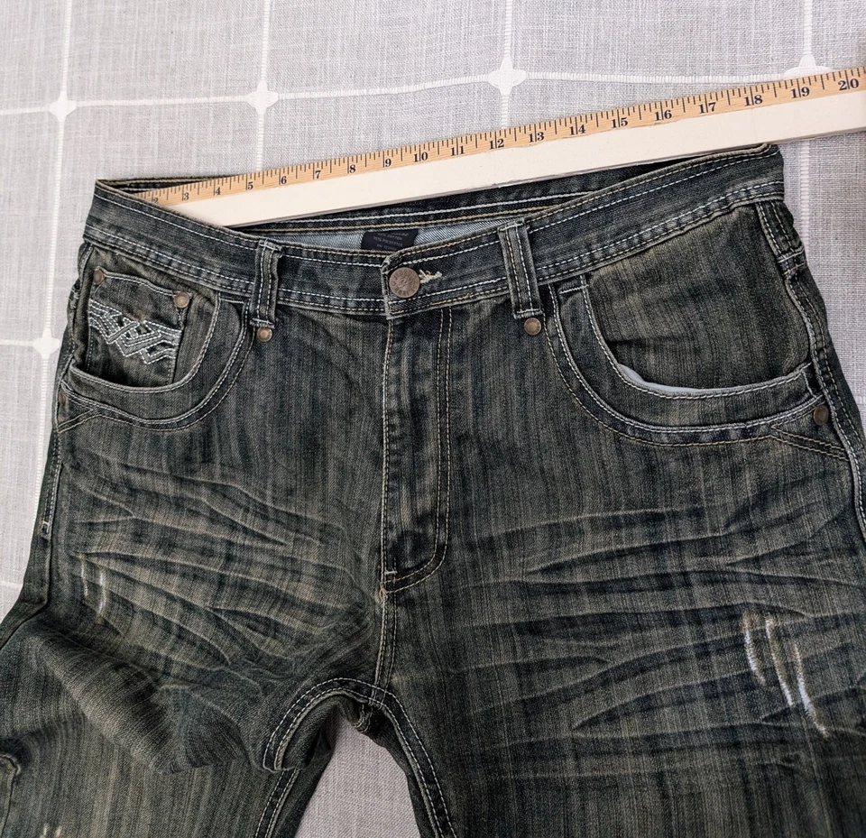 Pantalones de mezclilla Jinzu para hombre 36x32 azules holgados Y2K ropa de calle desgastados solapa de bolsillo recto Foto 4 de 4