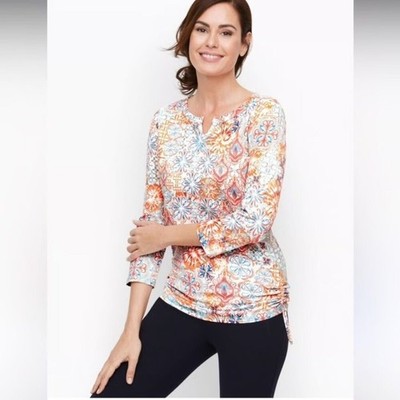 Talbots Sz M Split Neck Ruched Tee Pullover Blouse Freshwater Medallion Pattern