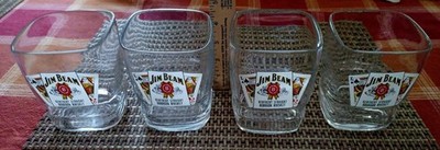 Set 4 JIM BEAM BOURBON heavy square whiskey cocktail glasses K & Q cards motif 