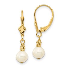 Real 14K Yellow Gold 5-6mm White Semi-round FW Cultured Pearl Leverback Earrings