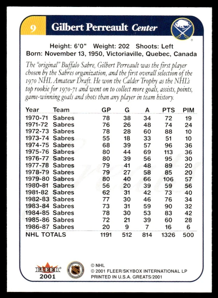 2001-02 Fleer Greats of the Game Gilbert Perreault Buffalo Sabres #9 - Image 2 of 2