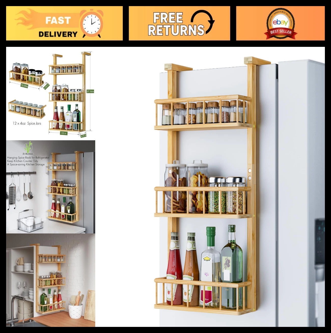 3-Tier Bamboo Hanging Spice Rack - Adhesive Kitchen Organizer for Fridge & Pantr
