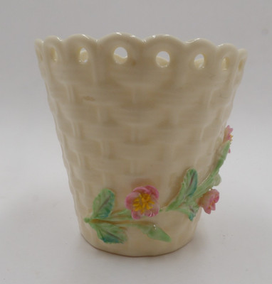 BELLEEK Ireland Basket Weave with Vines and Applied Pink Flowers - 7th Gold mark