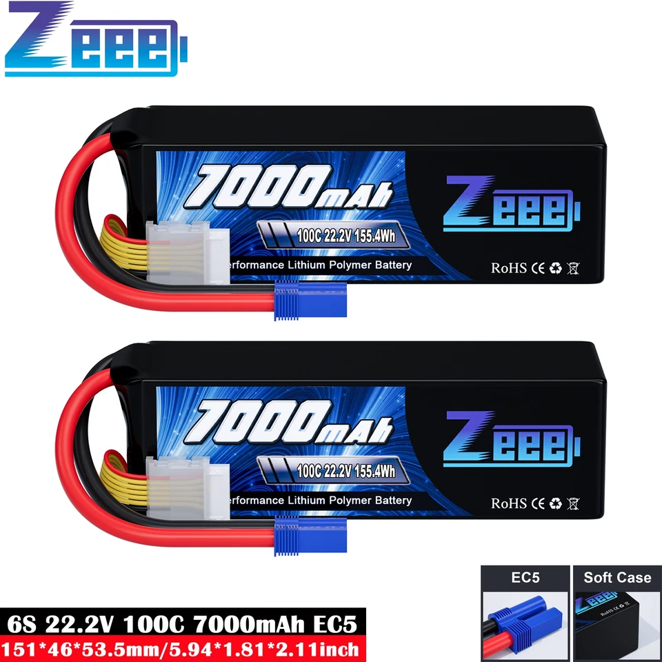 2x Zeee 22,2V 6S LiPo Akku 7000mAh EC5 100C Soft Shell für RC Flugzeug Auto Tank