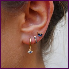 3pcs Stainless Steel Evil Eye Hoop Earrings Blue Zircon Gold Plated Jewelry