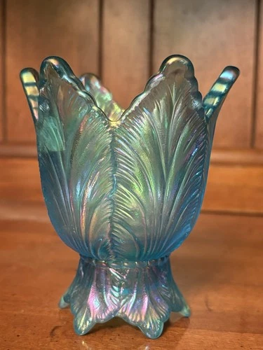 Vintage Fenton Iridescent Glass Tulip Leaf Pattern Carnival Votiv Candle Holder
